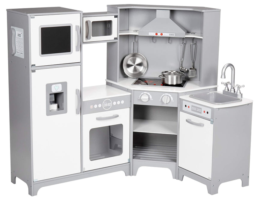 Amazon Basics Kids Corner Wooden Kitchen Toy Playset with Stove, Oven, Sink, Fridge and Accessories, for Toddlers, Preschoolers, Children Age 3+ Years, White & Gray, 39.37"L x 28.35"W x 35.04"H - 7DAY'S