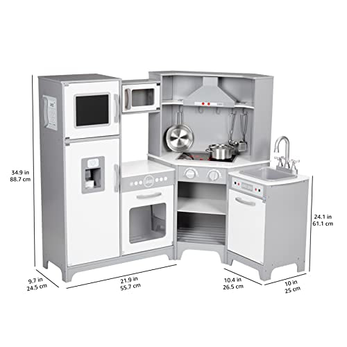 Amazon Basics Kids Corner Wooden Kitchen Toy Playset with Stove, Oven, Sink, Fridge and Accessories, for Toddlers, Preschoolers, Children Age 3+ Years, White & Gray, 39.37"L x 28.35"W x 35.04"H - 7DAY'S