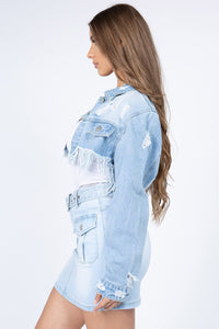 American Bazi Distressed Denim Jacket with Frayed Hem Women's Clothing Material composition: 100% cotton - 7DAY'S