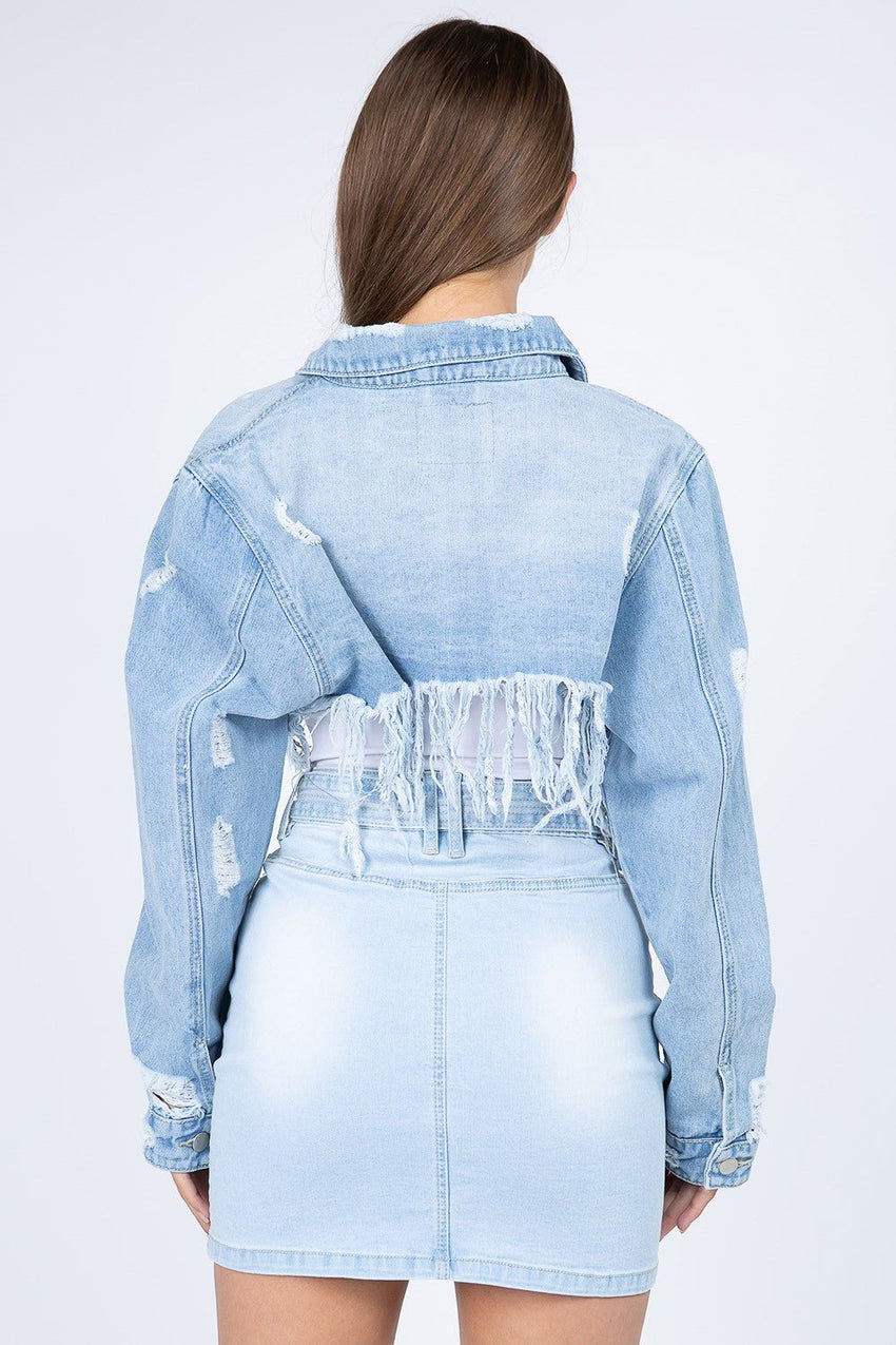 American Bazi Distressed Denim Jacket with Frayed Hem Women's Clothing Material composition: 100% cotton - 7DAY'S