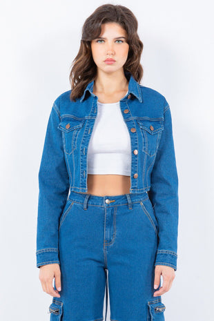 American Bazi Laced Back Cropped Denim Jacket Material composition: 70% cotton, 28% polyester, 2% spandex For the ladies