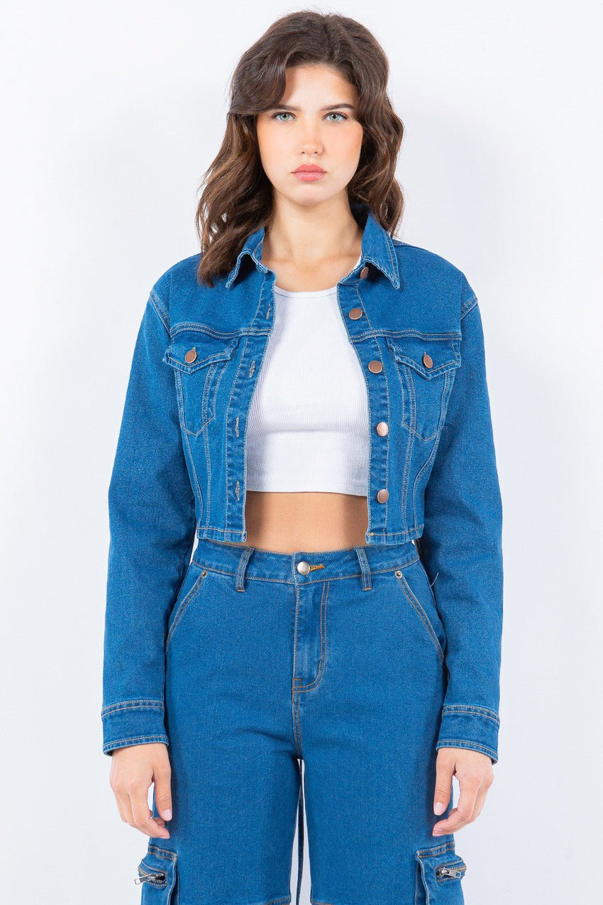 American Bazi Laced Back Cropped Denim Jacket Material composition: 70% cotton, 28% polyester, 2% spandex For the ladies - 7DAY'S