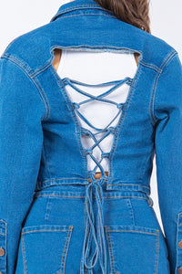 American Bazi Laced Back Cropped Denim Jacket Material composition: 70% cotton, 28% polyester, 2% spandex For the ladies - 7DAY'S