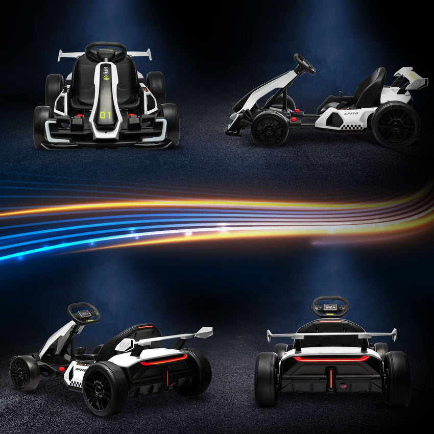 Aosom 24V 7.5 MPH Electric Go Kart with Adjustable Seat, Drifting Car Battery Powered Ride on Toy Outdoor with Slow Start, Button Start, Music, Honking Horn, Lights, for 6 - 12 Years Old, White - 7DAY'S