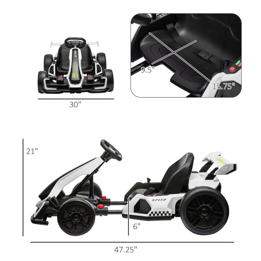 Aosom 24V 7.5 MPH Electric Go Kart with Adjustable Seat, Drifting Car Battery Powered Ride on Toy Outdoor with Slow Start, Button Start, Music, Honking Horn, Lights, for 6 - 12 Years Old, White - 7DAY'S