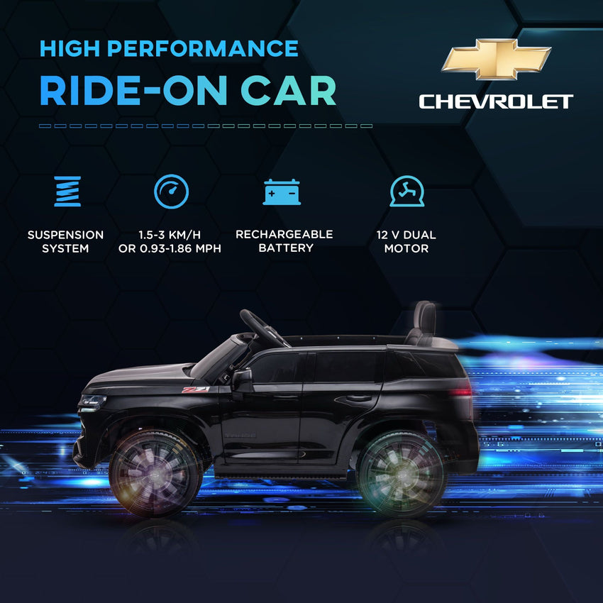 Aosom Chevrolet TAHOE Licensed Kids Ride on Car, 12V Battery Powered Kids Electric Car with Remote Control, Music, Lights, Horn, Suspension for 3 - 6 Years Old, Black - 7DAY'S