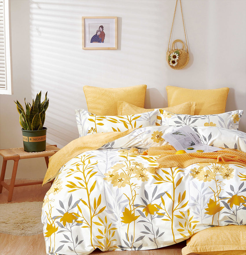 Autumn Yellow Floral 100% Cotton Reversible Comforter Set - 7DAY'S