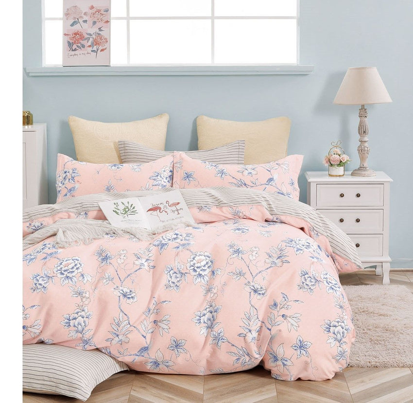 Ava Pink/Blue Floral 100% Cotton Reversible Comforter Set - 7DAY'S