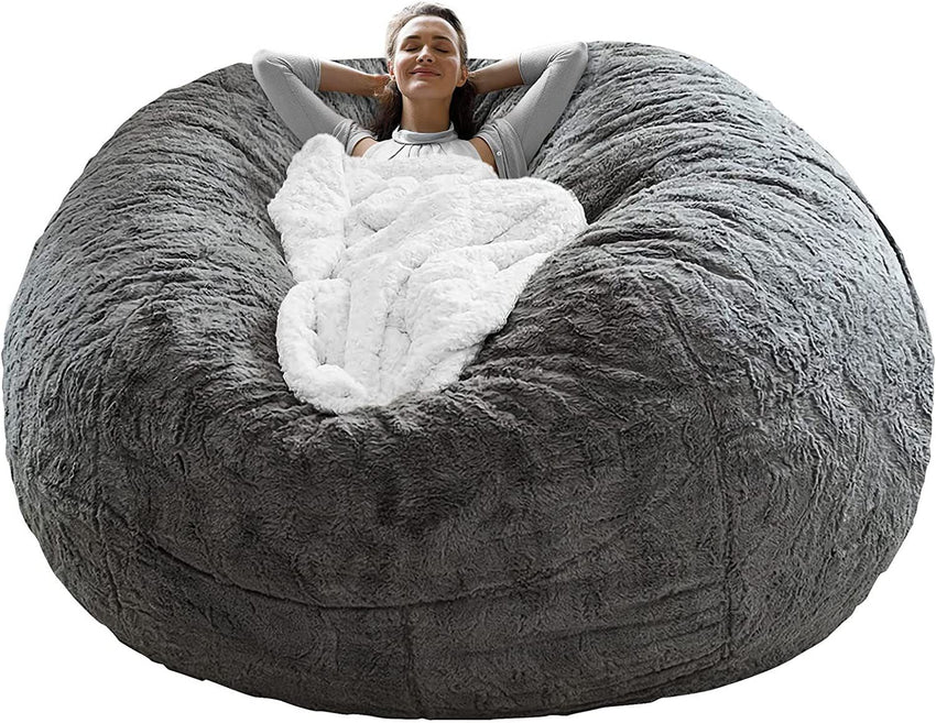 Bag Chair Cover(it was only a Cover; not a Full Bean Bag) Chair Cushion; Big Round Soft Fluffy PV Velvet Sofa Bed Cover; Living Room Furniture; Lazy Sofa Bed Cover; 5ft Dark Grey - 7DAY'S