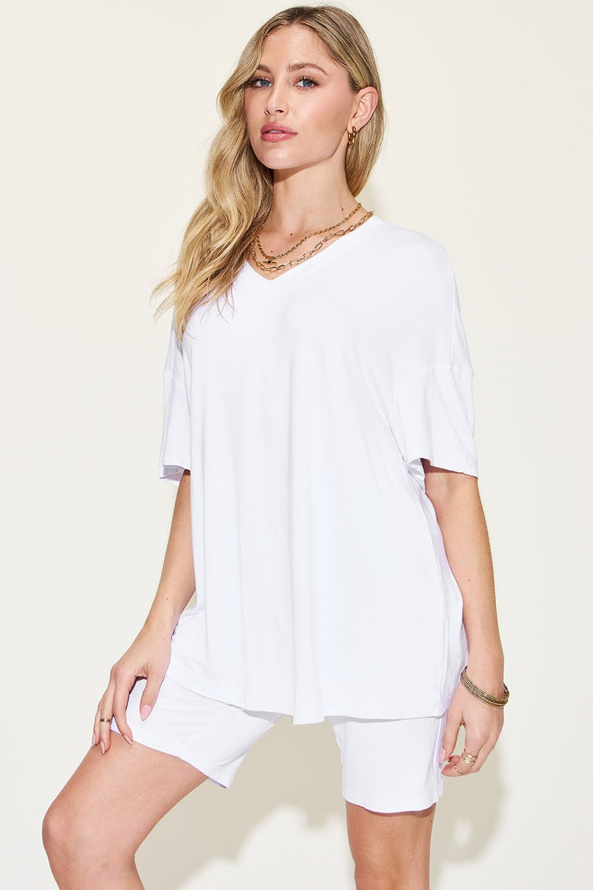 Basic Bae Full Size V - Neck Drop Shoulder T-Shirt and Shorts Set - 7DAY'S