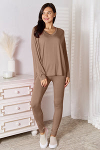 Basic Bae Full Size V - Neck Soft Rayon Long Sleeve Top and Pants Lounge Set Loungewear for women - 7DAY'S