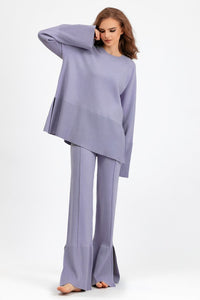 Basic Bae Slit Round Neck Long Sleeve Top and Drawstring Pants Sweater Set - 7DAY'S