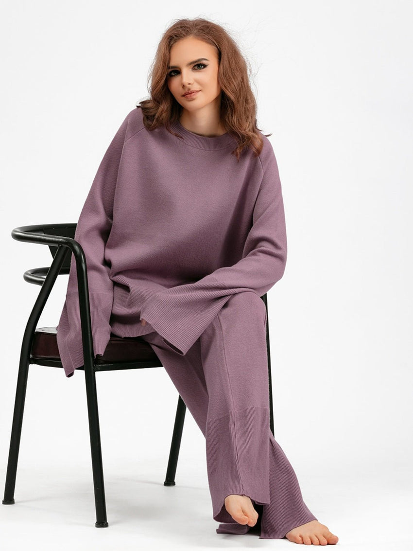 Basic Bae Slit Round Neck Long Sleeve Top and Drawstring Pants Sweater Set - 7DAY'S