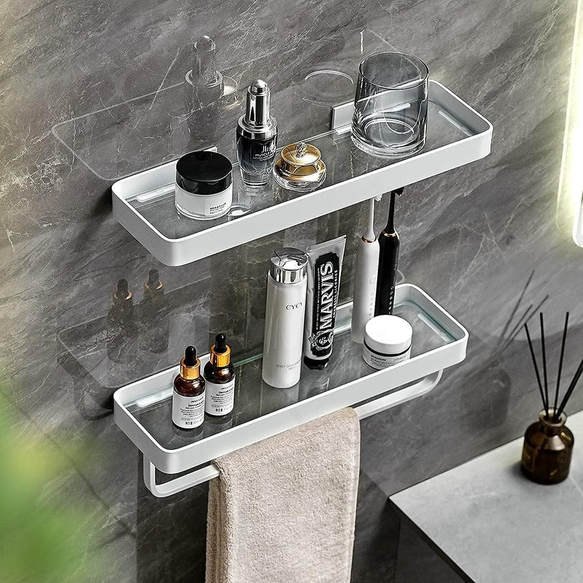 Bathroom Shelves Wall Mounted Glass Shelves for Bathroom Floating Shelf with Towel Holder Glass Shower Shelf 2 Tier Bathroom Wall Organizer - 7DAY'S