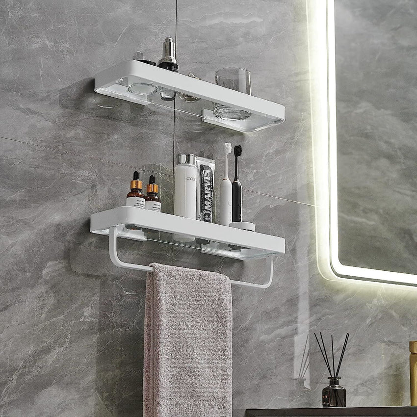 Bathroom Shelves Wall Mounted Glass Shelves for Bathroom Floating Shelf with Towel Holder Glass Shower Shelf 2 Tier Bathroom Wall Organizer - 7DAY'S