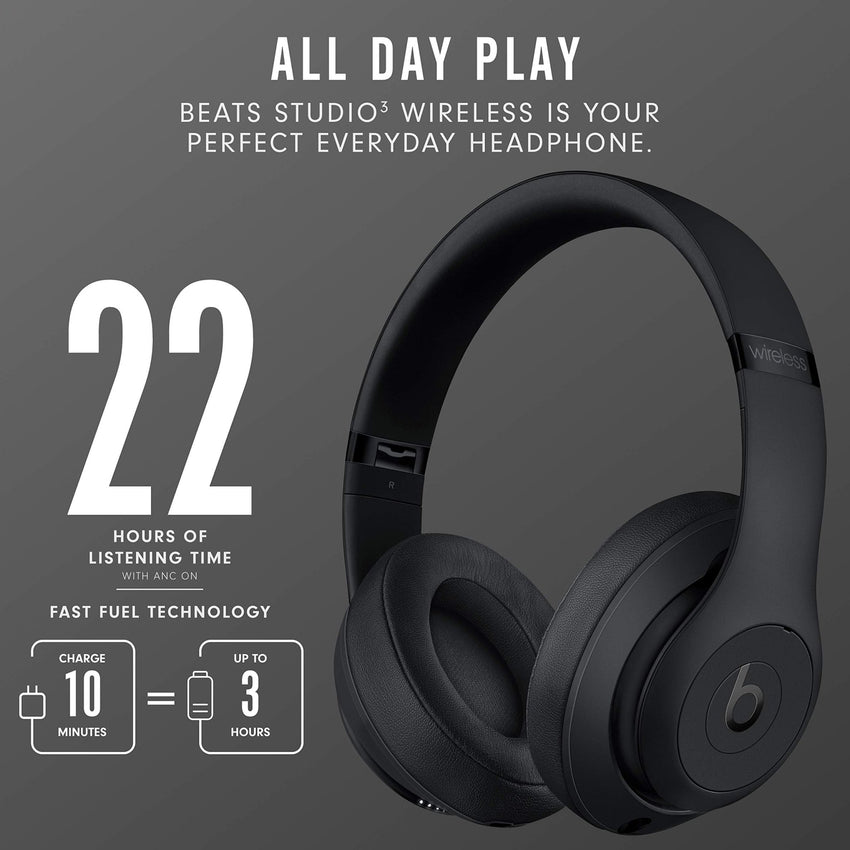 Beats Studio3 Wireless Noise Cancelling Over - Ear Headphones - Apple W1 Headphone Chip, Class 1 Bluetooth, 22 Hours of Listening Time, Built - in Microphone - Matte Black - 7DAY'S
