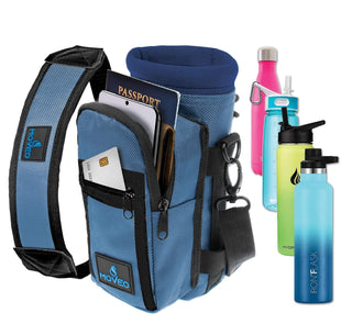 Blue Water Bottle Holder Carrier Bottle Cooler w Adjustable Shoulder Strap and Front Pockets Suitable for 16 oz to 25oz Bottles Carry Protect Insulate Your Bottle or Hydro Flask