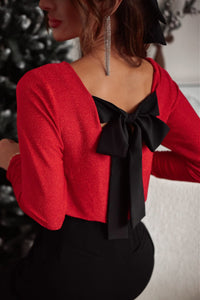 Bowknot V - Neck Long Sleeve Blouse - 7DAY'S