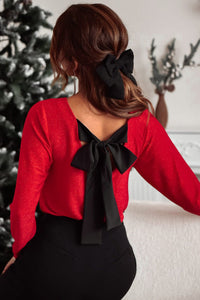 Bowknot V - Neck Long Sleeve Blouse - 7DAY'S