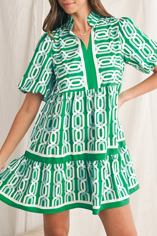 Bright Green Abstract Print Puff Sleeve Pop of Color Neckline Dress