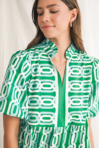 Bright Green Abstract Print Puff Sleeve Pop of Color Neckline Dress - 7DAY'S