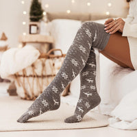 Christmas Element Bowknot Ribbed Trim Over Knee Stockings - 7DAY'S