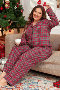 Christmas Plus Size Plaid Collared Neck Top and Pants Lounge Set For women - 7DAY'S