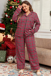 Christmas Plus Size Plaid Collared Neck Top and Pants Lounge Set For women - 7DAY'S