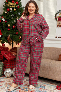 Christmas Plus Size Plaid Collared Neck Top and Pants Lounge Set For women - 7DAY'S