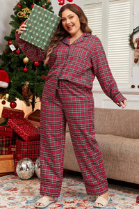 Christmas Plus Size Plaid Collared Neck Top and Pants Lounge Set For women - 7DAY'S