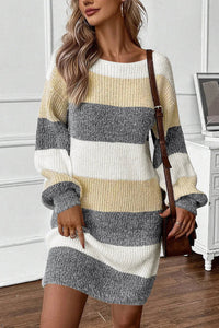 Color Block Boat Neck Long Sleeve Sweater Dress For women - 7DAY'S