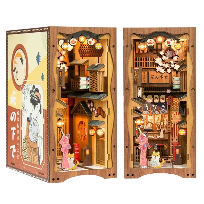 CuteBee Handmade Craft Japanese Theme Sakura Theme Diy Book Nook with Light Night Light Model Dollhouse - 7DAY'S