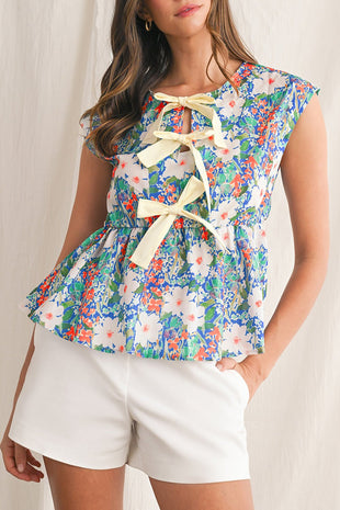 Dark Blue Floral Bow Front Sleeveless Peplum Shirt