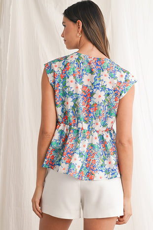 Dark Blue Floral Bow Front Sleeveless Peplum Shirt - 7DAY'S