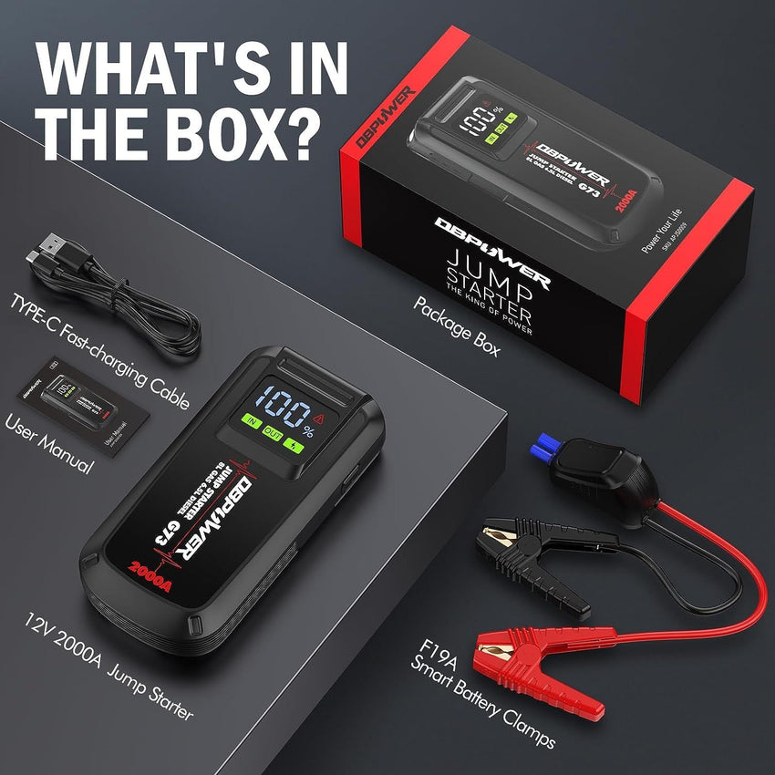 DBPOWER Jump Starter 2000A Peak Portable Car Jump Starter for Up to 8.0L Gas and 6.5L Diesel Engines, 12V Lithium Battery Booster Pack with 2.5" LCD Display, Smart Jumper Cables and LED Light - 7DAY'S