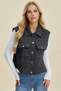 Double Take Full Size Pocketed Texture Snap Down Vest Coat - 7DAY'S