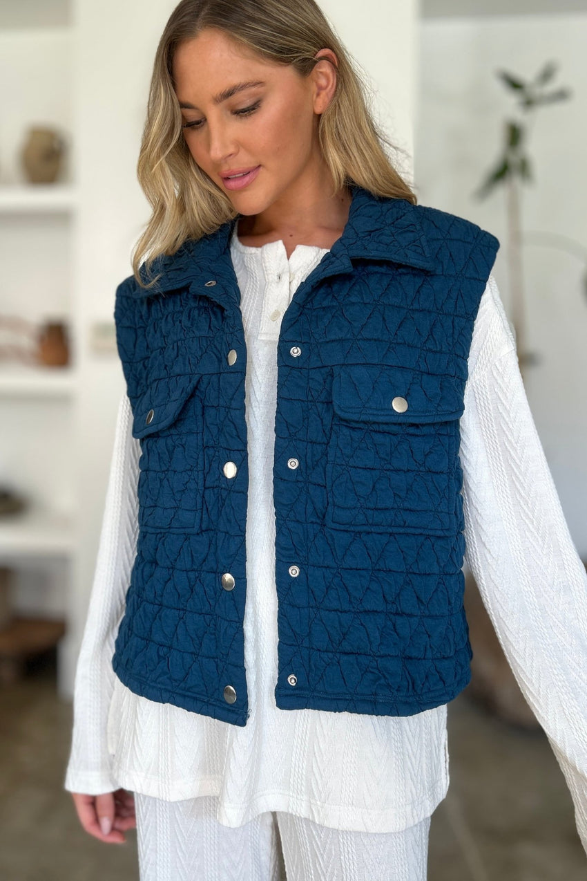 Double Take Full Size Pocketed Texture Snap Down Vest Coat - 7DAY'S