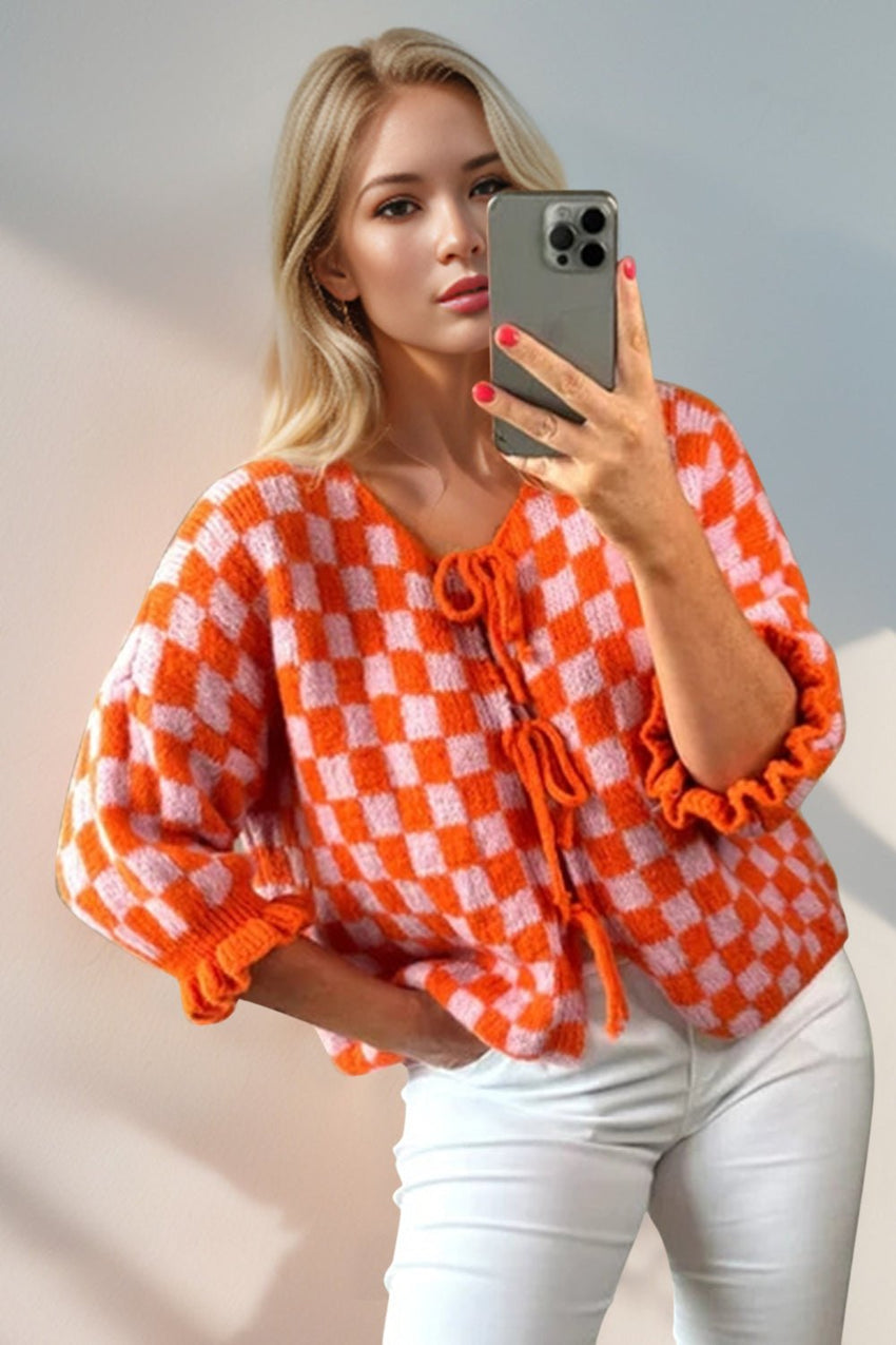 Double Take Tied Checkered Dropped Shoulder Flounce Sleeve Cardigan from S to XL - 7DAY'S