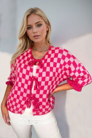 Double Take Tied Checkered Dropped Shoulder Flounce Sleeve Cardigan from S to XL