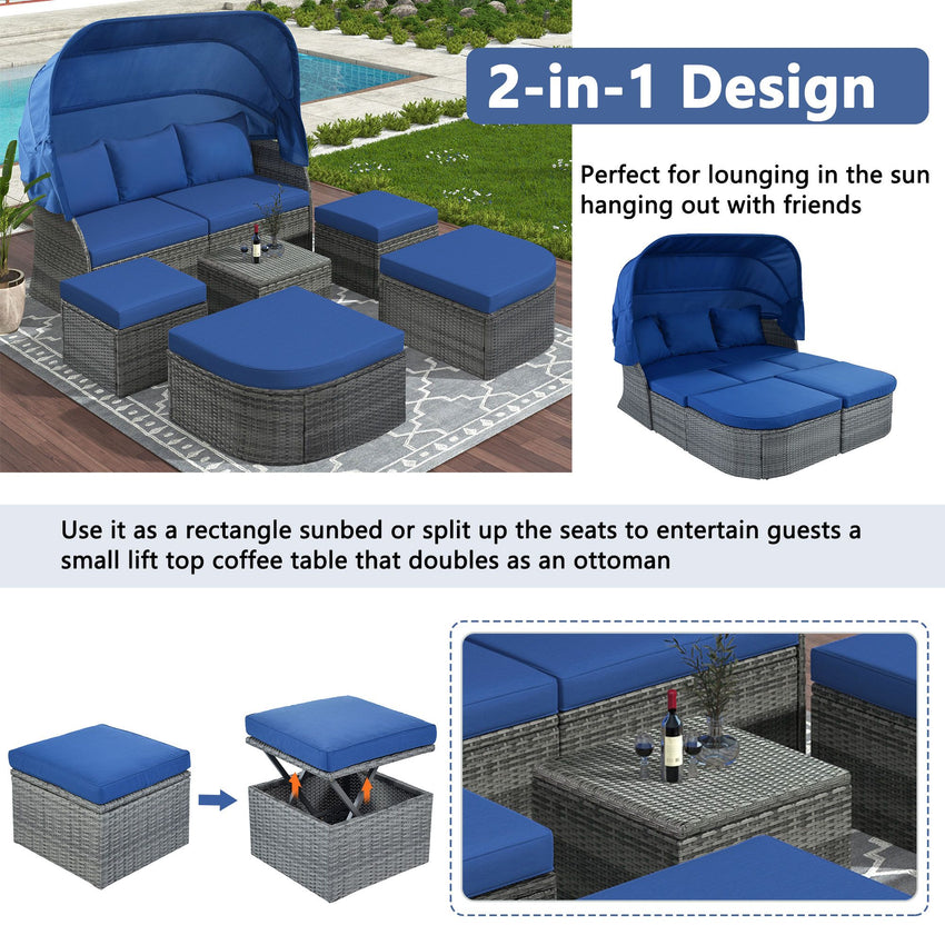 Outdoor Patio Furniture Set Daybed Sunbed with Retractable Canopy Conversation Set Wicker Furniture Sofa Set - 7DAY'S