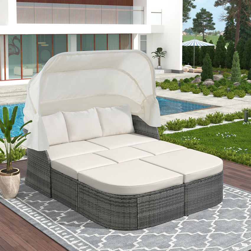 Outdoor Patio Furniture Set Daybed Sunbed with Retractable Canopy Conversation Set Wicker Furniture Sofa Set - 7DAY'S