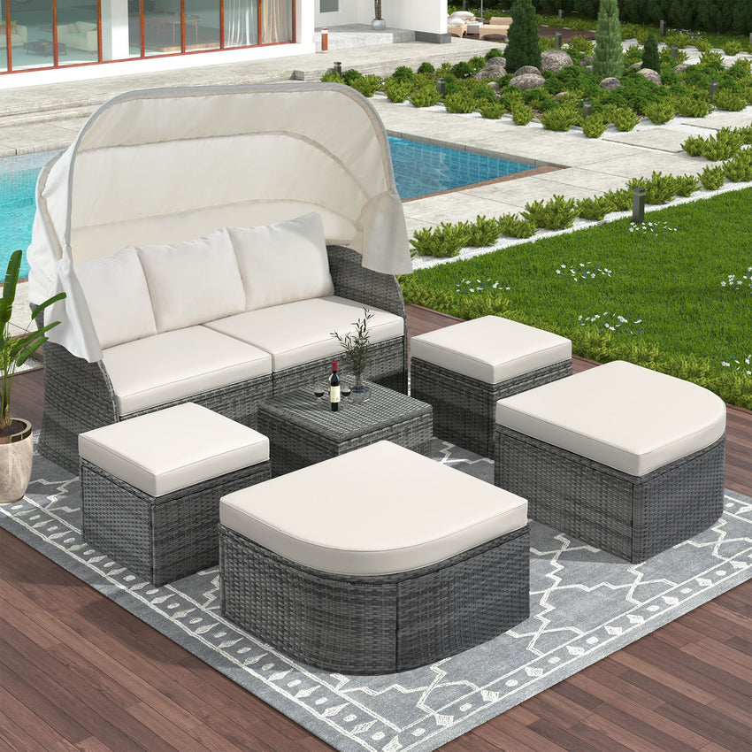 Outdoor Patio Furniture Set Daybed Sunbed with Retractable Canopy Conversation Set Wicker Furniture Sofa Set - 7DAY'S