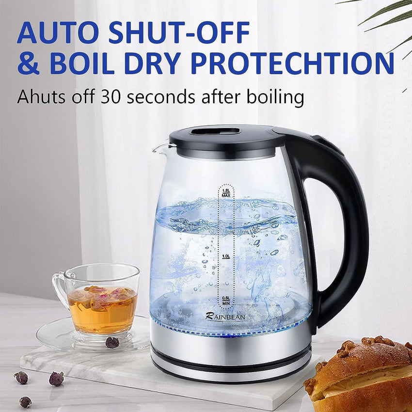 Electric Kettle Water Boiler, 1.8L Electric Tea Kettle, Wide Opening Hot Water Boiler With LED Light, Auto Shut - Off & Boil Dry Protection, Glass Black - 7DAY'S