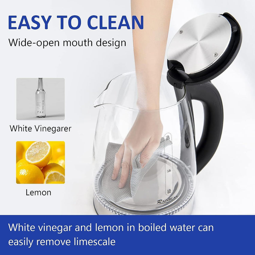 Electric Kettle Water Boiler, 1.8L Electric Tea Kettle, Wide Opening Hot Water Boiler With LED Light, Auto Shut - Off & Boil Dry Protection, Glass Black - 7DAY'S