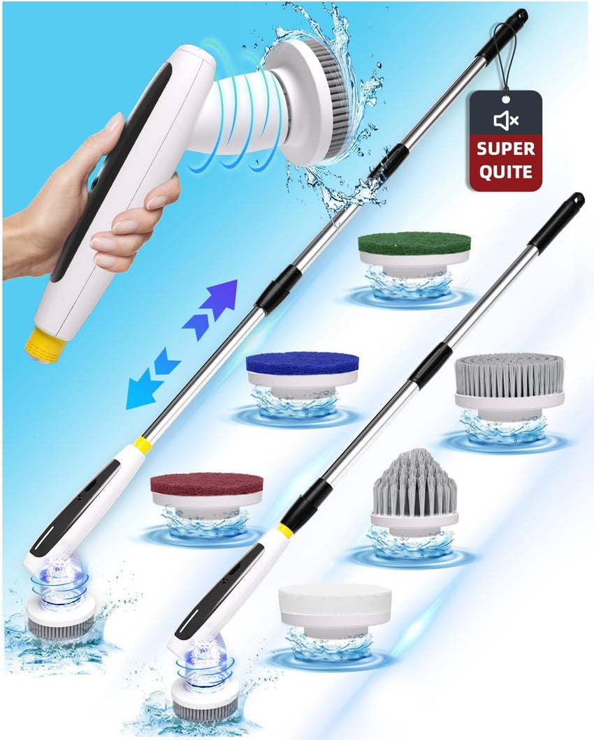 Electric Spin Scrubber, 2024 New Super Quiet Power Cleaning Brush for Bathroom Floor Tile with Long Handle, Cordless Shower Brush with 7 Replaceable Brush Heads, 120Mins Work Time, Dual Speeds - 7DAY'S