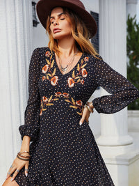 Embroidered V - Neck Long Sleeve Dress - 7DAY'S