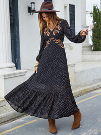 Embroidered V - Neck Long Sleeve Dress - 7DAY'S