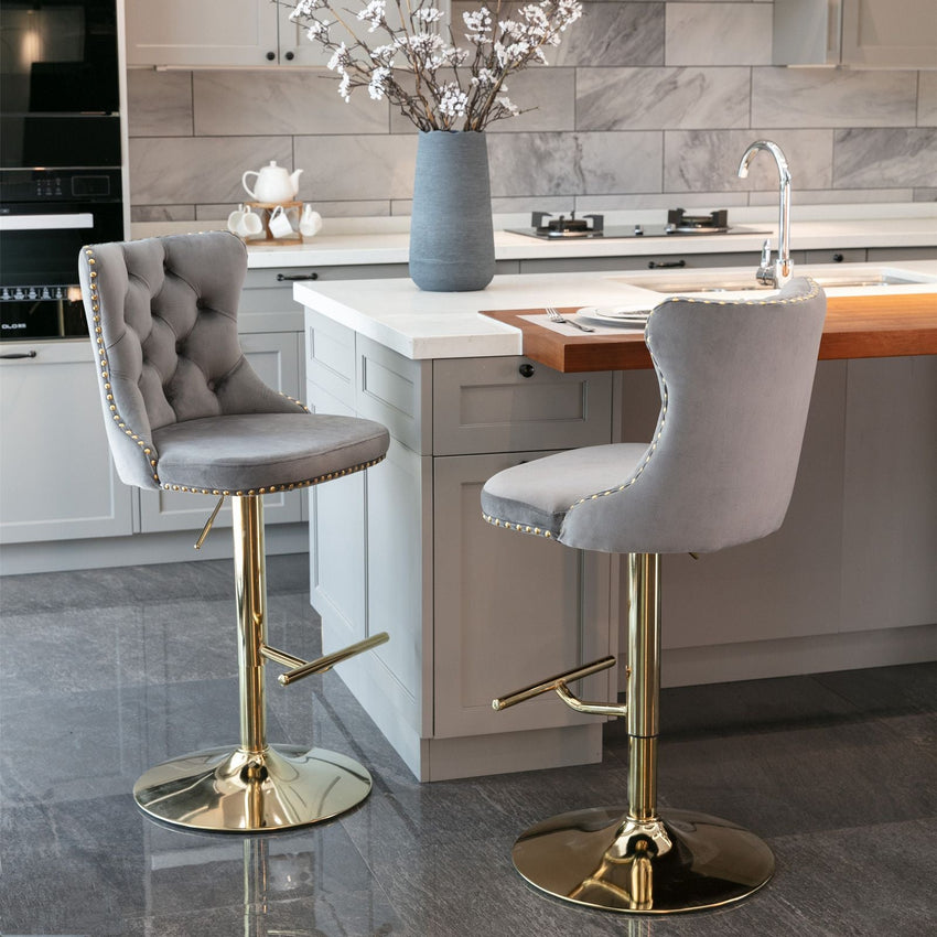 Furniture,Golden Swivel Velvet Barstools Adjusatble Seat Height from 25 - 33 Inch, Modern Upholstered Bar Stools with Backs Comfortable Tufted for Home Pub and Kitchen Island - 7DAY'S