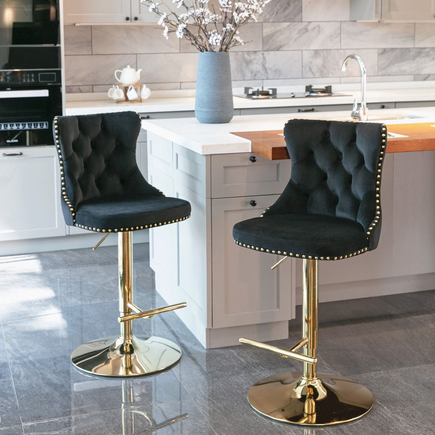 Furniture,Golden Swivel Velvet Barstools Adjusatble Seat Height from 25 - 33 Inch, Modern Upholstered Bar Stools with Backs Comfortable Tufted for Home Pub and Kitchen Island - 7DAY'S