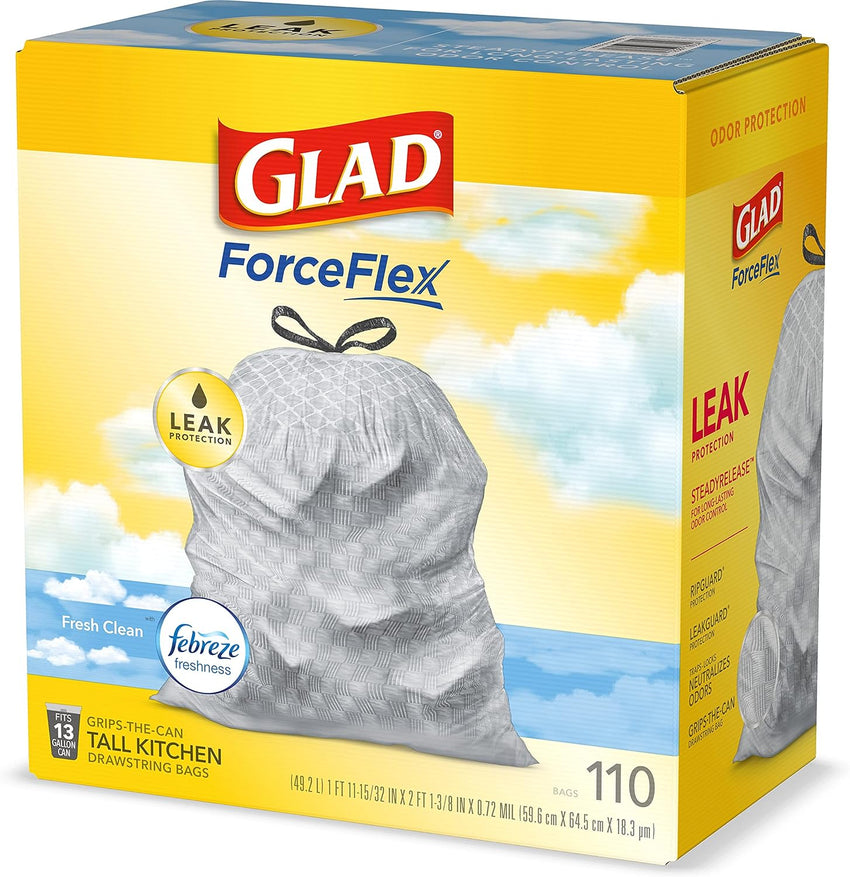 Glad ForceFlex Tall Kitchen Drawstring Trash Bags, 13 Gal, Gain Lemon Zest, 40 Ct (Package May Vary) - 7DAY'S